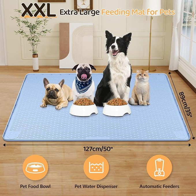 Dog Food Mat 50''x35'' Extra Large Dog Mat for Food and Water, Blue | Silicone Dog Bowl Mat with Raised Edge, Waterproof Non-Slip Pet Feeding Mat for Floors, fit for Dog Cat Bowls - Image 2