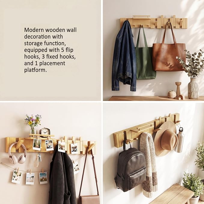 Mid Century Modern Wood Coat Rack Wall Mount with Shelf, 9 Hooks, Natural | Wood and metal wall rack with fold-down piano-key hooks and display shelf organizes coats, bags, keys and decor up to 25 lb. - Image 6