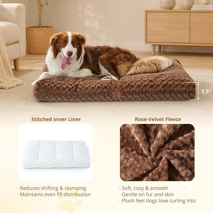 EGOHOME Dog Bed for Large Dogs, Shredded Memory Foam, Washable, Non-Slip | Balanced Support Foam, CertiPUR-US, Removable Washable Cover, Rose Velvet, Dog Crate Bed & Kennel Pad, 35 x 23 Inch, Brown - Image 2