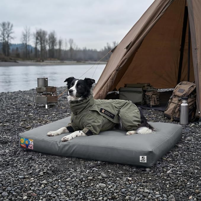 Sytopia Waterproof Outdoor Dog Bed for Large & Senior Dogs, Orthopedic Egg Crate Foam Pet Mat with Removable Washable Cover, Outdoor Indoor Crate Bed for Patio, Camping, Travel & Home 42inch, Grey by Sytopia
