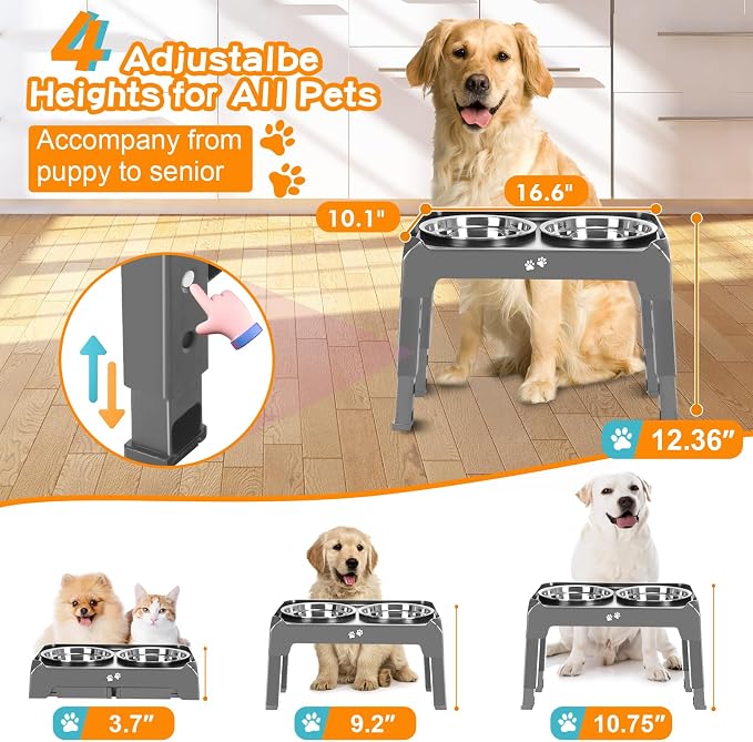 Elevated Bowls, 4 Height Adjustable Raised Stand With 2 Thick 50oz Stainless Steel Food Bowls, Non-Slip Feeder for Large Medium Dogs, Adjusts to 3.7", 9.2", 10.75", 12.36" Grey - Image 2