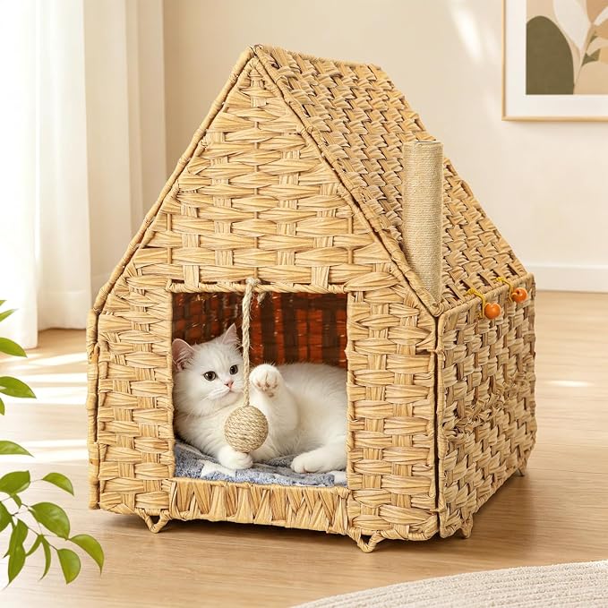 Handwoven Rattan Cat Bed for Indoor Kitten, Cat Cave Bed with Sisal Ball, Cushion & Cat Scratch Post, Foldable Hideaway Cat Hut in Bedroom Living Room, Natural by %E2%80%8B%E2%80%8BPawCozy%E2%80%8B%E2%80%8B