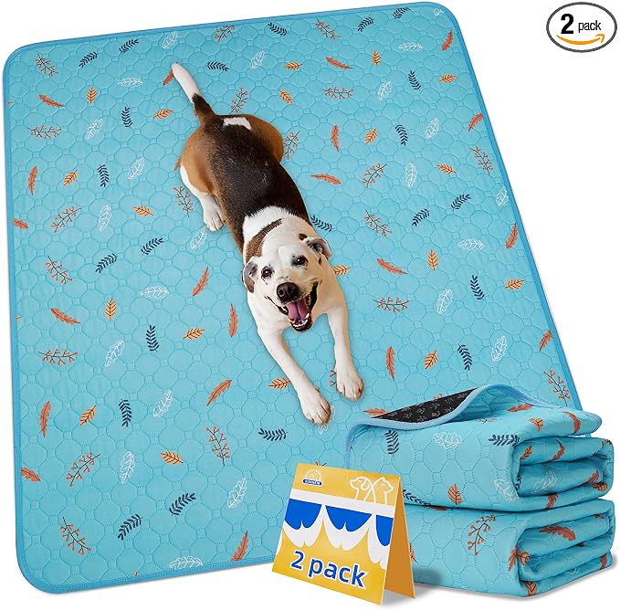 Sunheir Washable Pee Pads for Dogs 2-Pack Reusable Puppy Pads Pet Training Pads, Waterproof Dog Pee Pads for Crate, Whelping Pad, Non-Slip Protects Against Urine Leakage (Leaves - Sky Blue, 24x36) by SUNHEIR