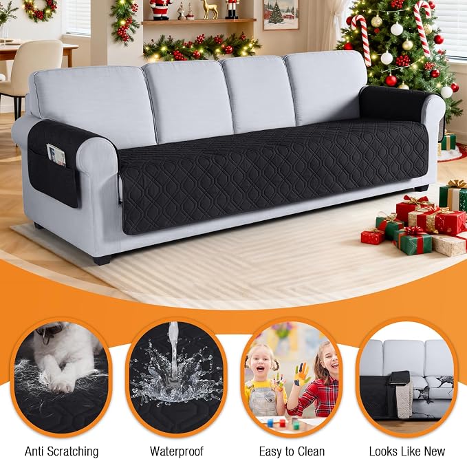 VANSOFY Waterproof Oversized Couch Cover for Pets, Black, 72.4" | Non-Slip, Washable, Utility Pockets, Pet Friendly, Furniture Protector Slipcover for 4 Cushion Couch - Image 4