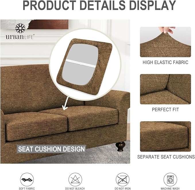 URBANLIFE 3-Piece Stretch Sofa Covers for 2 Cushion Couch, Brown | Super fitted spandex slipcovers for couches. Non-slip elastic bottom. Machine washable furniture protector for kids & pets. - Image 6