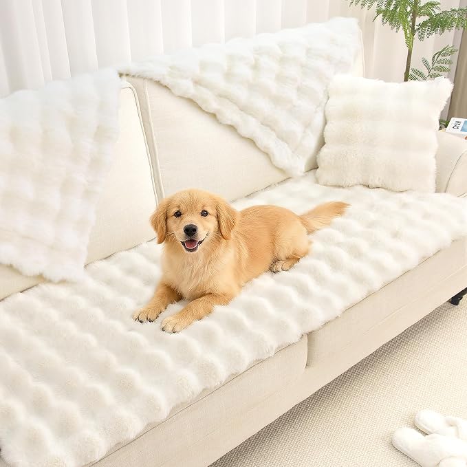 Pet Couch Cover Sofa Washable - Dog Couch Protector Covers Non-Slip Soft Fuzzy Plush Sofa Slipcovers, Pet Friendly Dog Mat for Furniture Couches, Car, Recliner, White, 27.6"x27.6" by UOFON