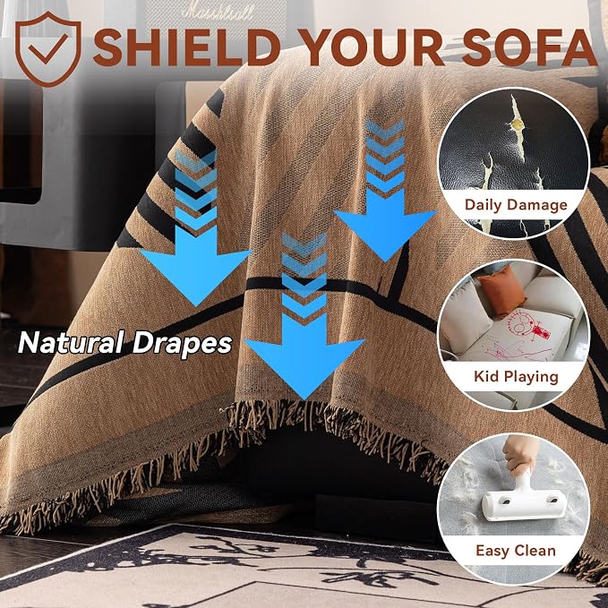 VClife Couch Cover Boho Style Sofa Cover for Dog, Modern Chenille Couch Cover for 3 Cushion Couch Sofa, Non Slip Brown Geometry Couch Protector with Tassel Sofa Slipcover Throw, 71"X134" - Image 5