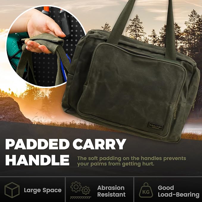 Tool Tote | Heavy Duty 16oz Waxed Canvas Tool Storage Bag - Portable 3 Pockets Tote Bag with Padded Handle& Metal Zipper, for Craftsman Gardener Carpenter Mechanic | 15.5"L x 7.5"W x 11.5"H - Image 5