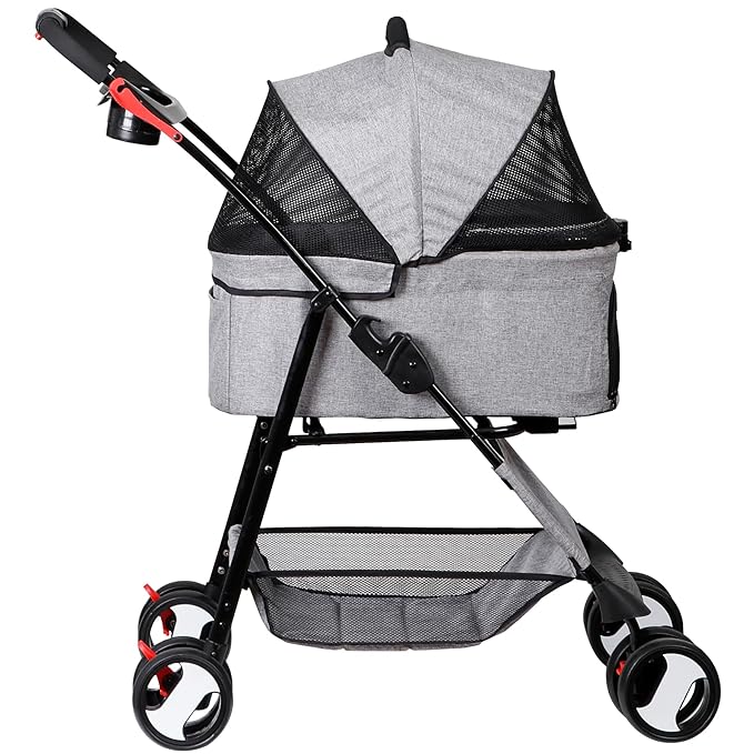 ZENY Pet Stroller, 3 in1 Foldable Dog Cat Jogger Stroller with 4 Wheels, Detachable Basket and Cup Holder, Travel Folding Carrier for Small/Medium Pet (Gray)