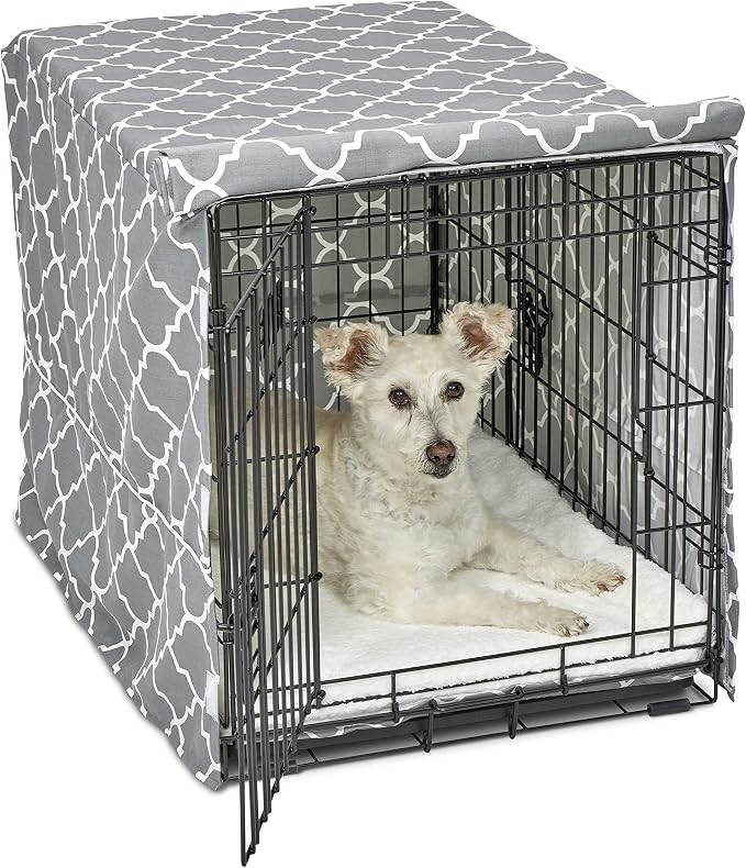 MidWest Homes for Pets Medium Dog Crate Cover Featuring Teflon Fabric Protector, Poly-Cotton Privacy Kennel Cover Fits Most 30-inch Crates, Gray Designer Print, Machine Washable, Reduces Barking by NewWorldPetProducts