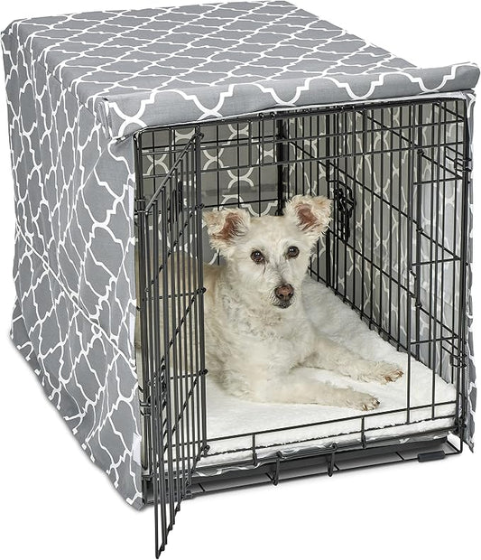 MidWest Homes for Pets Medium Dog Crate Cover Featuring Teflon Fabric Protector, Poly-Cotton Privacy Kennel Cover Fits Most 30-inch Crates, Gray Designer Print, Machine Washable, Reduces Barking by NewWorldPetProducts