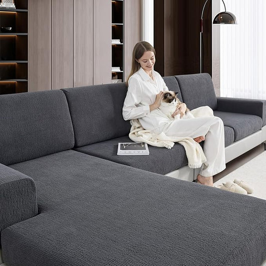 Couch Cushion Covers for Sectional Sofa Stretch Sofa Slipcovers Washable Wear-Resistant Sectional Couch Covers L Shaped Seats Furniture Protectors for Pets(Dark Grey, 3 Seater+1 Chaise) by Jialudora