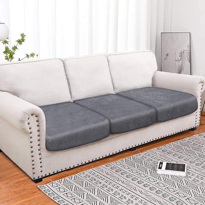 molasofa Leather Look Couch Cushion Covers, Stretch Sofa Cushion Covers for Sectional Armchair Loveseat Protector,Replacement Seat Cushion Slipcovers, Machine Washable(3 Cushion Sofa, Light Grey) - Image 3