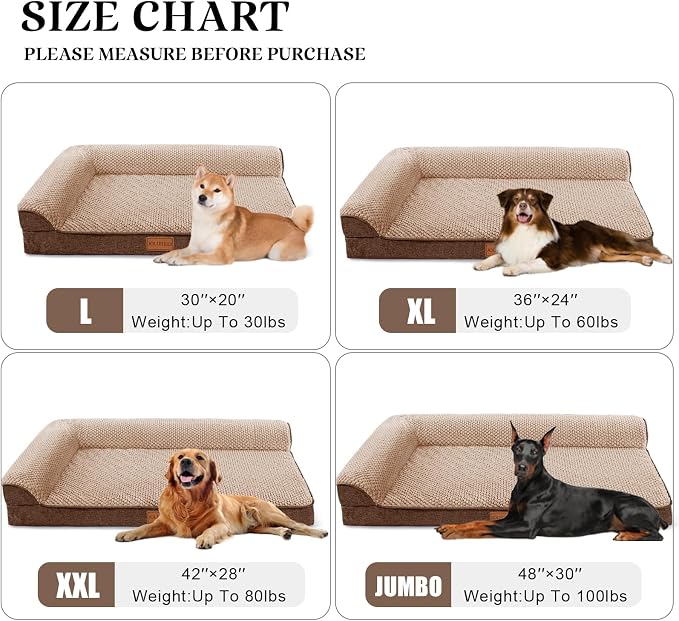 Orthopedic XL Dog Bed Large Sized Dog 42''X28'', Waterproof L Bolster Egg Crate Foam Big Pet Crate Beds with Washable Removable Cover, Non-Slip Soft Pet Couch Sleep Mat, Brown - Image 6