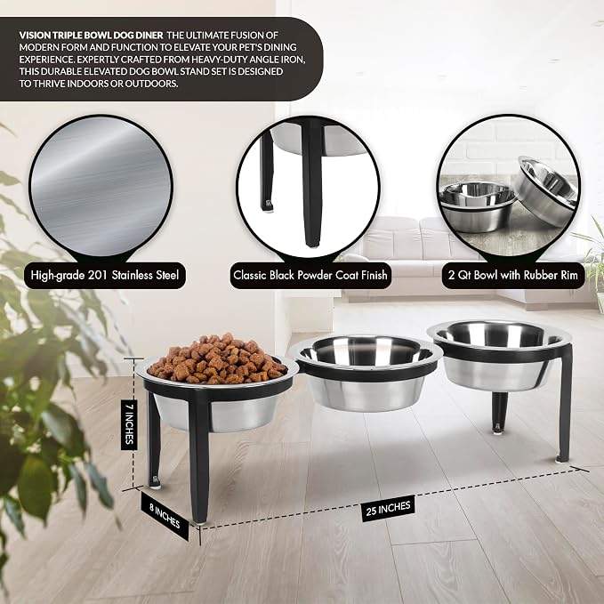 NMN Designs Vision Triple Diner - 3 Bowl Dog Feeder - Medium to Large Dogs - Multi-Dog Feeding Station - Furniture Grade Steel - UV Weather Resistant - No Noise - Indoor/Outdoor - 7" Tall - Image 2