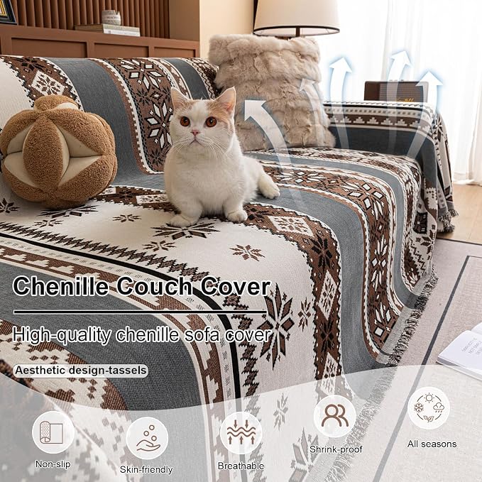 ROOMLIFE Couch Cover 3 Cushion Sofa, Washable Non Slip Furniture Sofa Protector Cover, Soft Chenille Sofa Slipcovers Sectional L Shape Dogs Couch Cover Throw Blanket with Tassels 71''X150'' - Image 2