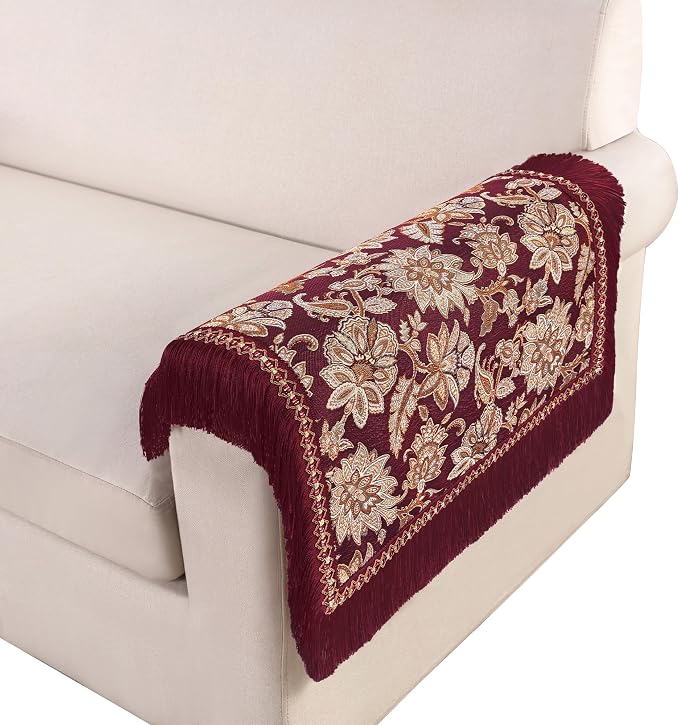 Loom and Mill Vintage Jacquard Sofa Arm Covers 2 PCS, Burgundy, 20x24in | Elegant Floral Couch Armrest Cover with Tassels, Non-Slip Furniture Protector for Chair Sofa Recliners Couch Dogs Pets - Image 7