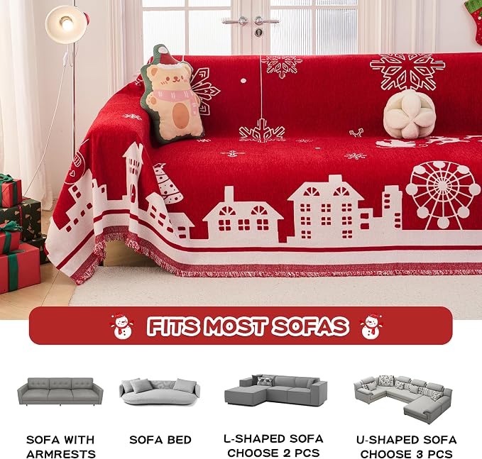 MEETSKY Christmas Couch Cover Red Sofa Slipcover for 2 Couch, Sofa Covers Washable Use Thick Soft Fabric Couch Cover for Dogs, Multi-Use Decorative Couch Protector for Pets, 71" x 118", Red - Image 5