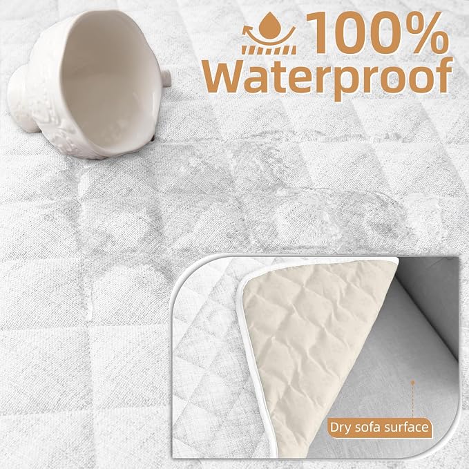 Dog Couch Cover for Sofa 100% Waterproof Faux Linen Sofa Covers for 3 Cushion Couch Washable Pet Friendly Sofa Slipcovers Non Slip Quilted Furniture Seat Protector (27x58 in, White) - Image 2