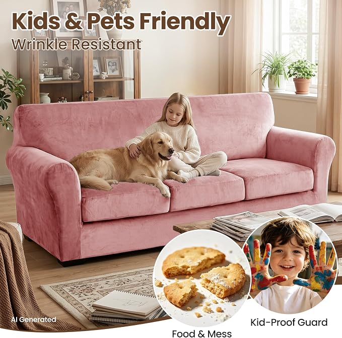 XINEAGE 4-Piece Velvet Sofa Cover,Couch Covers for Dog,Pink | 3 Cushion Sofa,Stretch Non-slip Elastic, Pet-friendly, Washable, Fast Setup, Soft Plush Fabric, Furniture Protector. - Image 6