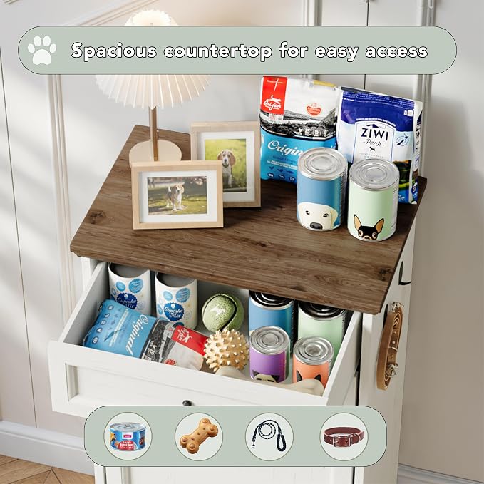 FIMELLO 21 ''WX 13''DX39''H Dog Feeding Station with 2 Feeding Bowls, Tilt-Out Dog Food Storage Cabinet with Drawer,Pet Feeder Cabinet,White Grain - Image 3