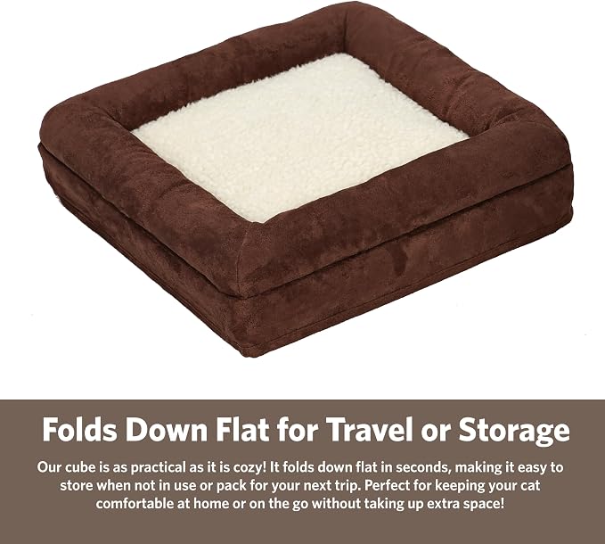 MidWest Homes for Pets Feline Nuvo Curious Cat Cube, Foldable Pet Hideout with Toy, Bolstered Bed Top, Faux Brown Suede, Synthetic Sheepskin - Image 6