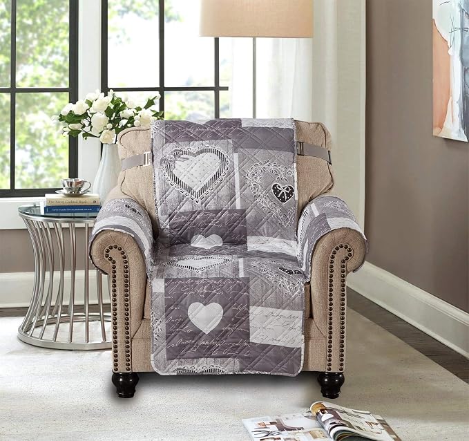 Brilliant Sunshine Grey Heart Love Patchwork Quilted Chair Slipcover, 23" Seat Width, Slip Resistant Furniture Protector, 2" Strap, Washable Armchair Cover for Pets, Kids, Dogs, Cats, Grey | Non Slip Sofa Cover, Quilted Furniture Protector, Washable Ch... - Image 2