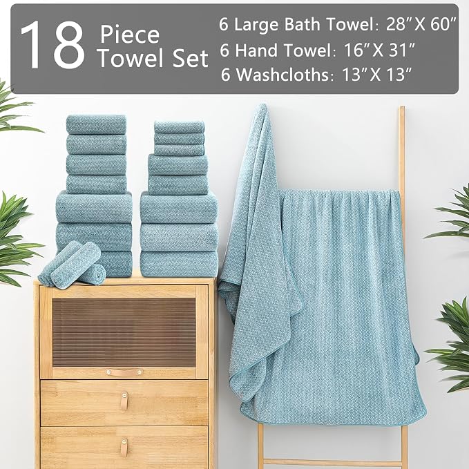 18 Piece Bath Towels Set,100% Microfiber Family Bathroom Towel with Hanging Loops-6 Bath Towels,6 Hand Towels,6 Washcloths,Quick Dry Highly Absorbent Shower Towel for Bathroom,Hotel,Spa-Turquoise - Image 2