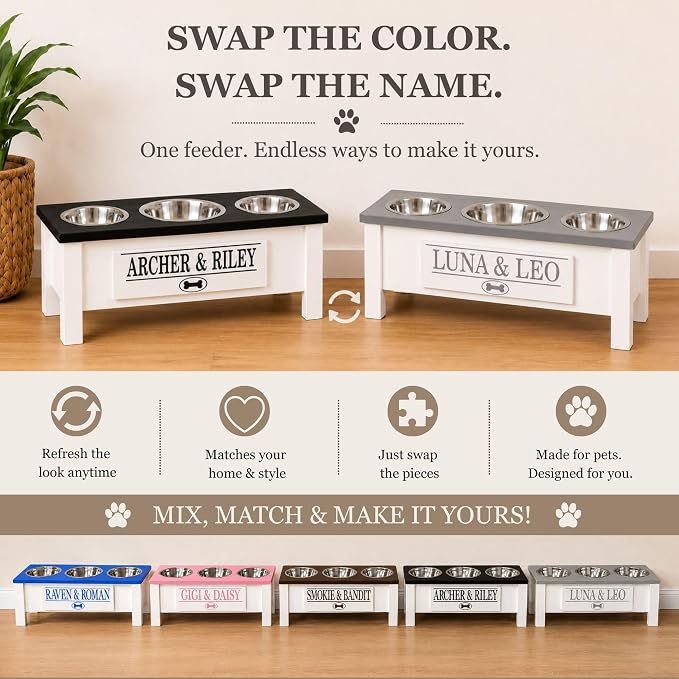 3 Bowl Dog Feeding Station, Personalized Triple Bowl Food Stand Medium Dogs | Farmhouse Style, Elevated Wood Stand, Storage Container, Stainless Steel Bowls, Raised Anti-Slip Feeder, Made in USA - Image 2