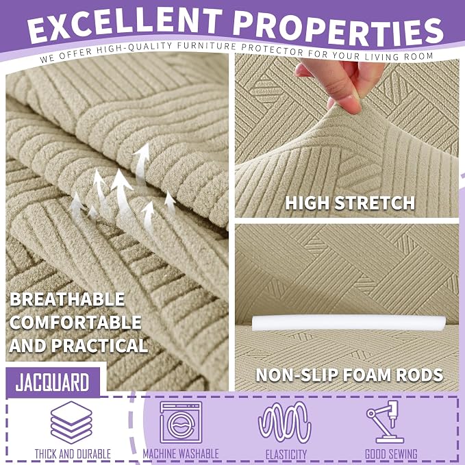 ZNSAYOTX 4 Piece Stretch XL-Sofa Covers (91"-110") for 3 XL Cushion Couch, Thick Couch Cover with Elastic Band Bottom Ties Non-Slip Stay in Place, Soft Durable Oversized Slipcovers, Khaki - Image 5