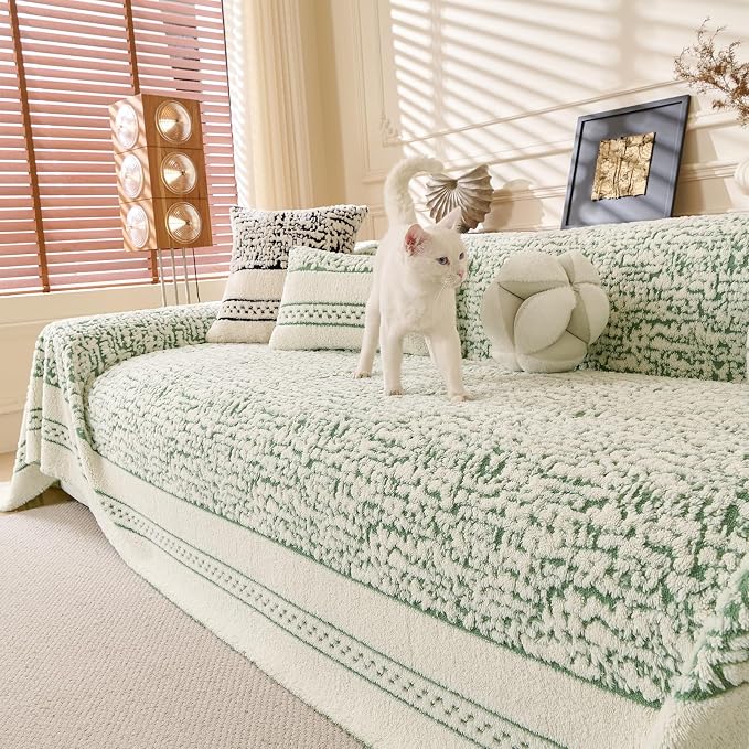 ROOMLIFE Thicked Striped Boho Green Couch Cover for 2-3 Cushion Sofa, Fuzzy Plush Warm Sofa Slipcovers Sectional Sofas Covers, Non Slip Washable Furniture Protector Soft with Tassel,Winter 71''X134” - Image 7
