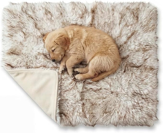 Faux Fur Dog Blanket, Waterproof Couch Cover, White w/ Brown Tips 40"x30" | Plush Sheepskin Style Pet Throw for Sofa, Bed, and Car, Washable Furniture Cover that Protects From Fur and Spills by iHappyDog