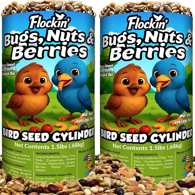 Bugs, Nuts & Berries Bird Seed Cylinders with Hole - USA Made - 2 Pack | Mealworms, Nuts & Berries Blend, Protein Rich, Cylinder Bird Seed, No Filler, Attract Wild Birds, Natural Ingredients, 1.5lbs by Flockin
