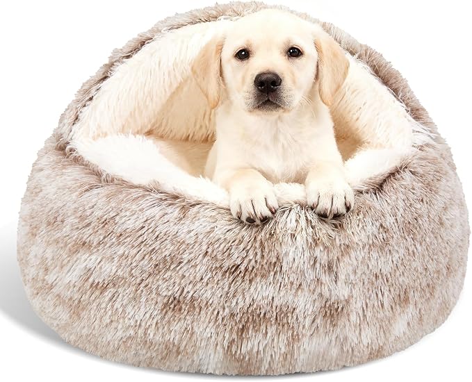Calming Dog Beds & Cat Cave Bed with Hooded Cover,Removable Washable Round Beds for Small Medium Pets,Anti-Slip Faux Fur Fluffy Coved Bed for Improved Sleep,Fits up to 15/25 lbs(Medium,24"x24") by MADDEMCUTE