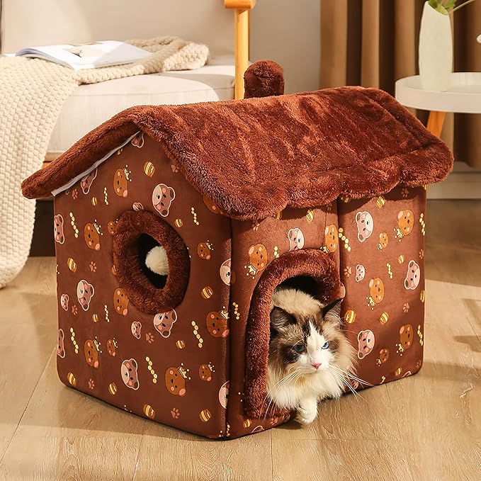 BOSERMEN Cat Cave Bed, Portable Cat Bed with Removable Cushion, Small Dog Cave Bed Pet Warm House, Washable Dog Bed, Cat Puppy Igloo Bed(L, Brown Bear) - Image 6