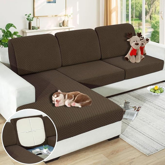 【Clearance】 Sectional Couch Covers for L Shaped Chaise Lounge 1 Piece Separate Cushion Couch Universal Replacement Large Checkered Furniture Protector with Elastic Bottom (Chaise Cover, Dark Coffee) by YEMYHOM