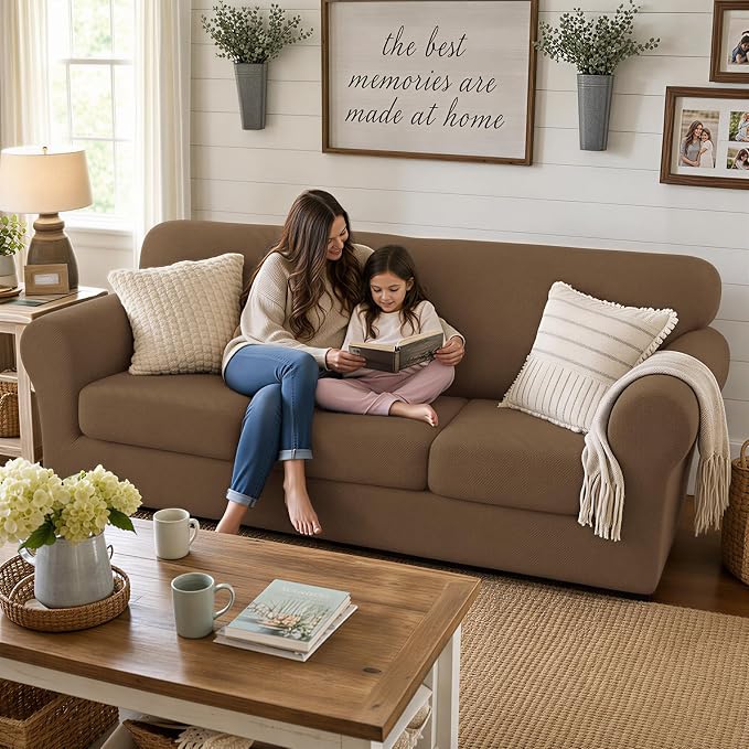 XINEAGE New 3 Pieces Couch Covers for 2 Cushion Sofa Super Stretch Loveseat Slipcover Pet Dog Universal Slip Cover Anti Slip Love Seat Furniture Protector (Brown, 55"-69") - Image 3