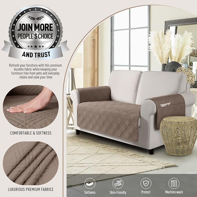 TAOCOCO Waterproof Loveseat Covers for Pets Dogs with Non Slip Backing, Sofa Seat Covers with Side Pocket for 2 Cushion Couch Washable Dog Couch Cover Protector Sofa Slipcovers(Loveseat, Taupe) - Image 2