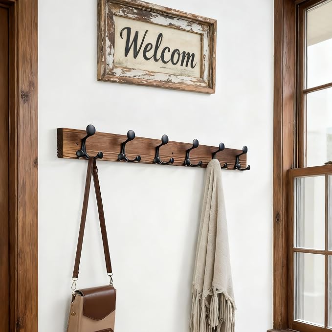 SKOLOO 36-Inch Wood Coat Rack Wall Mount with 6 Triple Hooks, Pine Material, Charred Golden Brown Finish, Ideal for Family Entrances, Classrooms, and Pet Supplies Storage, Pack of 2 - Image 3