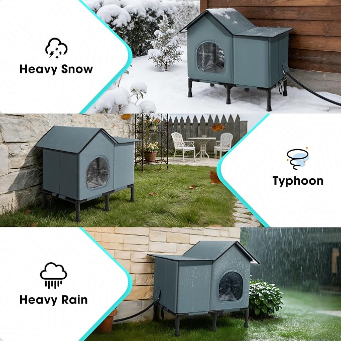Weatherproof Heated Cat House for Outside with Heating Pad, Elevated Feet Outdoor Cat House, Expanded Canopy Warm Cats Shelter, Heating Pet Beds for Feral or Stray Cats in Winter (Warm Grey, Heated) - Image 6
