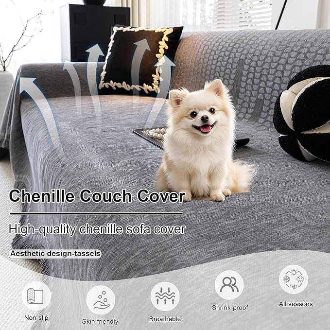 ROOMLIFE Gray Couch Cover Boho Sofa Covers for 3 Cushion Couch Washable, Furniture Protector Sofa Couch Cover for Dogs, Soft Chenille Sofa Slipcover, Couch Throw Blankets with Tassels 71 '' X 134'' - Image 2