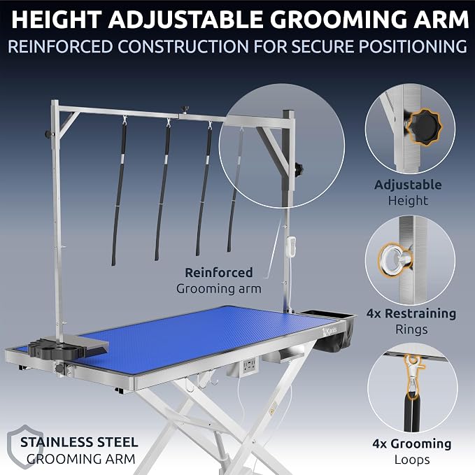 KANIS Professional Electric Dog Grooming Table - Heavy Duty | Height Adjustable Pet Grooming Table w/Leveling Wheels, Dog Grooming Arm, Anti-Slip Tabletop & Tool Organizer (White, 60") - Image 7