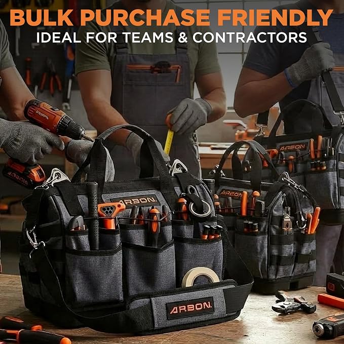 Arbon Electrician Tool Bag, Heavy Duty Tool Organizer, 34 Pockets, 52+ lb | Large storage for men, 5-layer reinforced walls, metal frame, hard molded base, water resistant polyester PP plastic, gray - Image 8