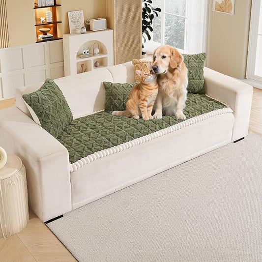 HANDONTIME Dog Couch Cover Jacquard Geometric Sofa Covers Washable Funny Fuzzy Couch Cushion Cover Non-Slip Plush Pet Protector Furniture Covers Durable Comfortable Slipcover (Avocado, 27.6" x 82.7") by HANDONTIME