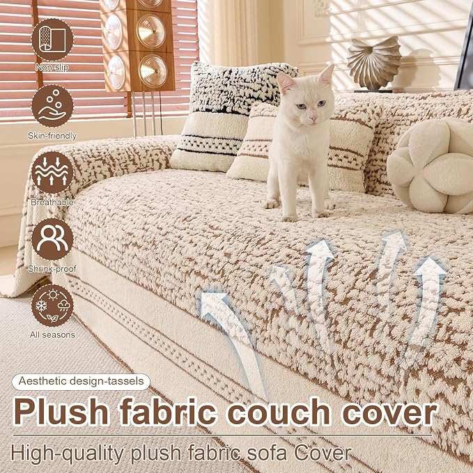 ROOMLIFE Thicked Striped Boho Khaki Couch Cover for 2-3 Cushion Sofa, Fuzzy Plush Warm Sofa Slipcovers Sectional Sofas Covers, Non Slip Washable Furniture Protector Soft with Tassel,Winter 71''X150” - Image 2