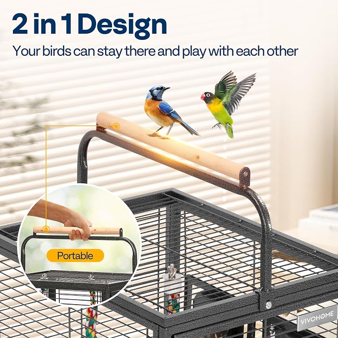 VIVOHOME 19 Inch Wrought Iron Travel Bird Cage for Cockatiel Parakeets | Bird Travel Carrier Cage with Wooden Handle/Perch, Slide-out Tray for Small Parrots Conures Lovebirds Canaries Finches, Black - Image 4