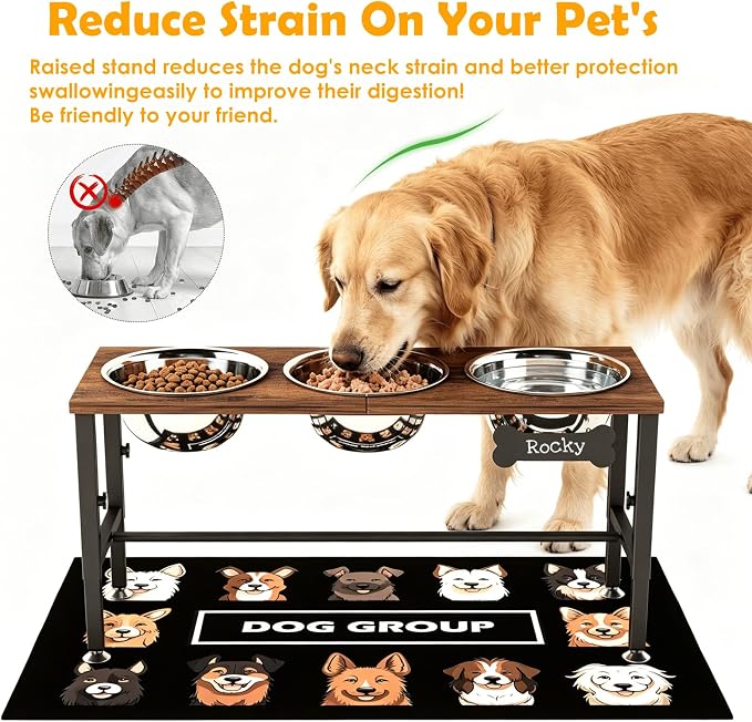 ADENGL Triple Elevated Dog Bowls Stand for Multiple Dogs, 3 Height Adjustable Raised Dog Bowl Stand with 3 Stainless Steel 1700ml(58oz) Bowls & Wood Tray & Mat - Image 2