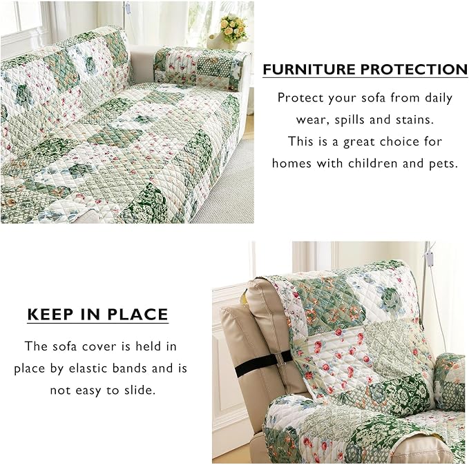 Cmfshape Skidproof Sofa Cover-Green Sofa Slipcover with Elastic Straps-Easy Fit Slip Cover-Patchwork Washable Furniture Protector for Pets and Kids(Sofa,Green) - Image 4