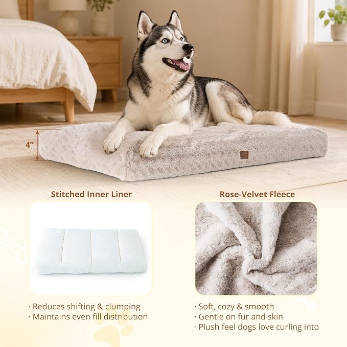 EGOHOME Dog Bed for Large Dogs, Shredded Memory Foam, Washable, Non-Slip | Balanced Support Foam, CertiPUR-US, Removable Washable Cover, Rose Velvet, Dog Crate Bed & Kennel Pad, 41 x 27 Inch, Beige - Image 2