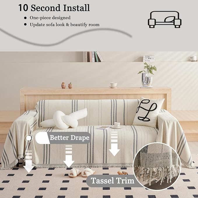 DREAMINGO Couch Cover Reversible Chenille 3 Seat Sofa Covers for Dogs Pets Beige Grey Couch Protector for 3 Cushion Couch Sofa Vertical Stripe Jacquard Sofa Slipcover Sectional, 71"x134" - Image 4